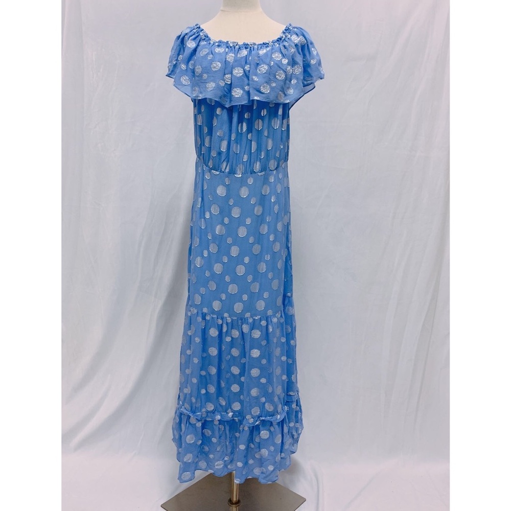 RIXO QUEENIE POWDER BLUE SILVER SPOTOff-The-Shoulder Maxi Dress Size XL